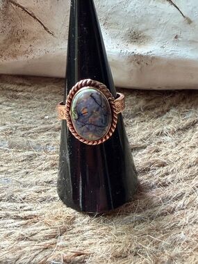 Copper Oval Blue Opal Marble Stone Ring Adjustable - Women Jewelry
